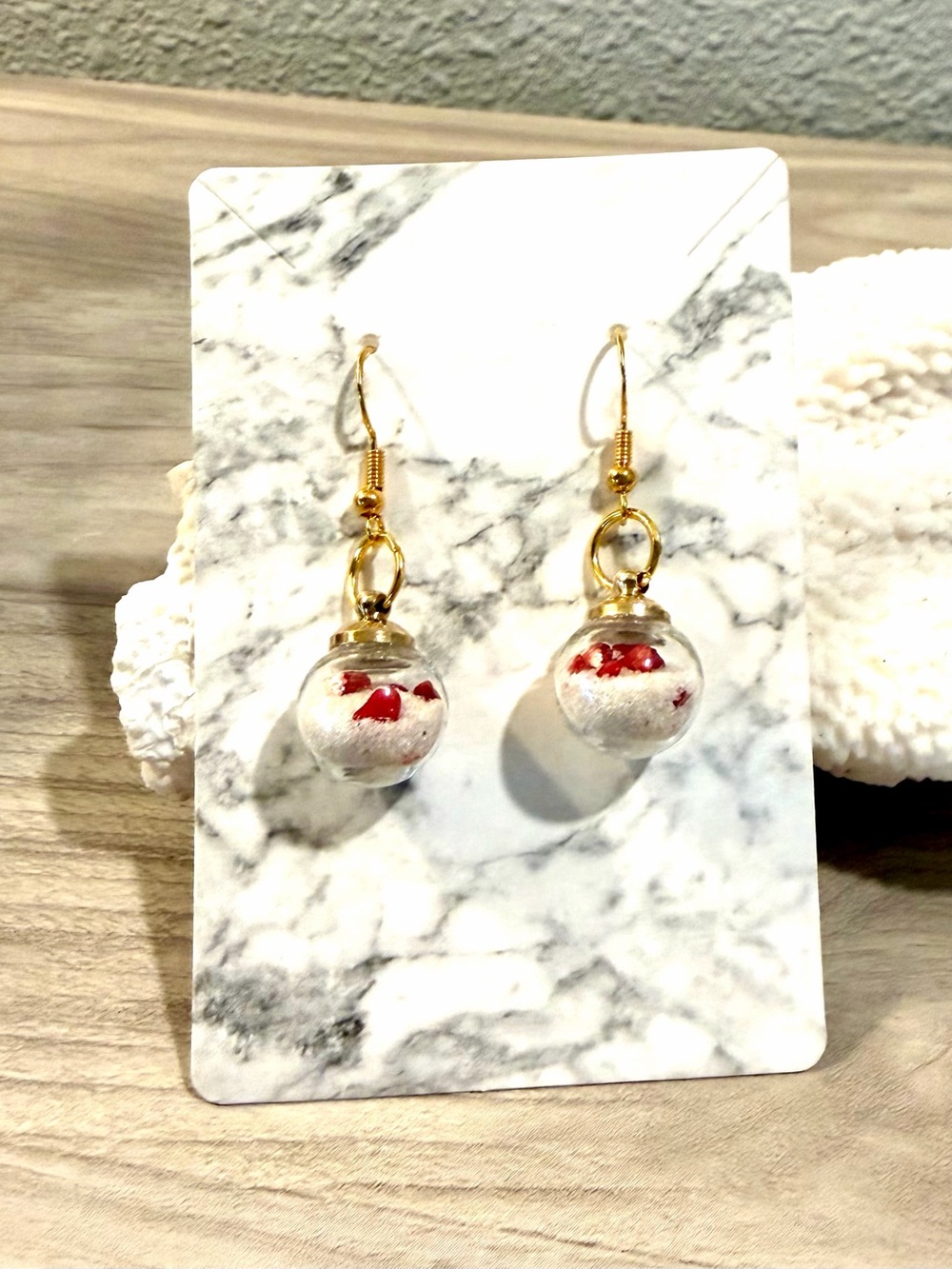 37. Glass globes earrings with beach sand and bamboo coral chips